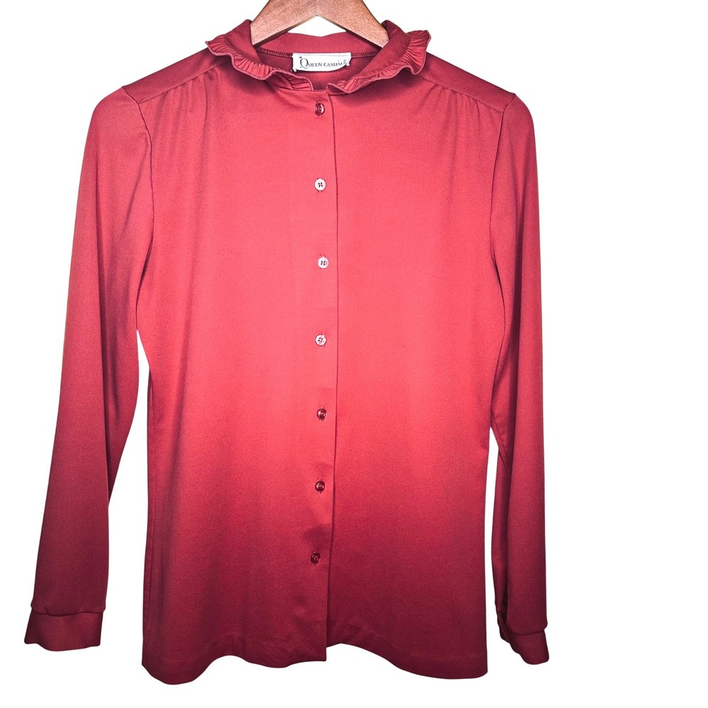 Vintage Queen Casuals Red Ruffle Collar Button Front Blouse Long Sleeve Top